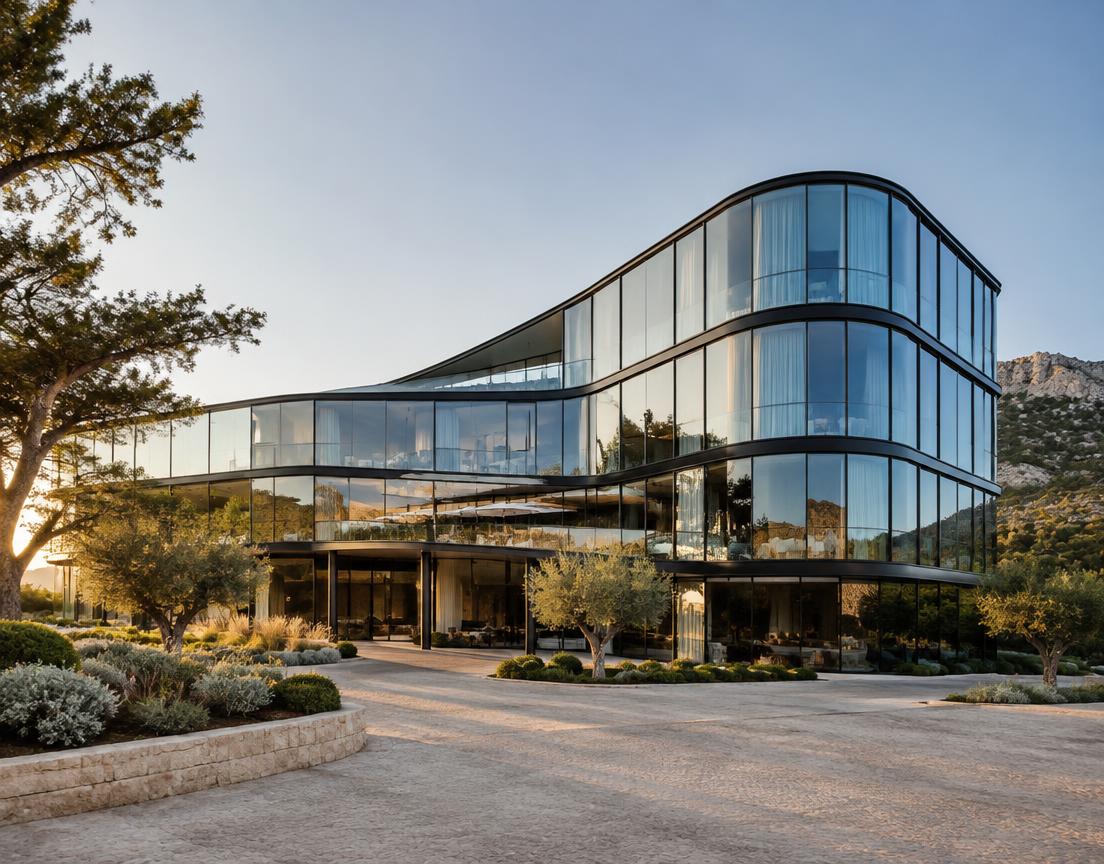 Edificio hotelero contemporáneo con fachada de vidrio y aluminio