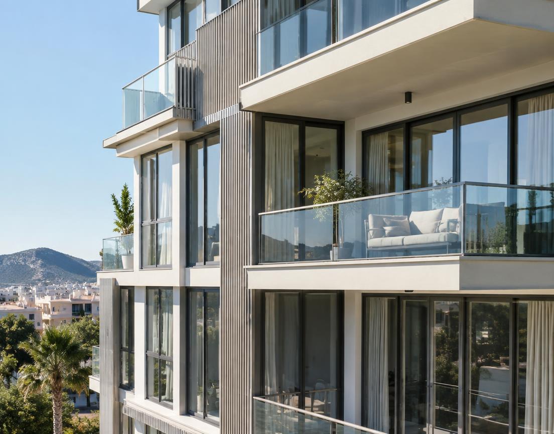 Fachada residencial contemporánea con ventanas de aluminio